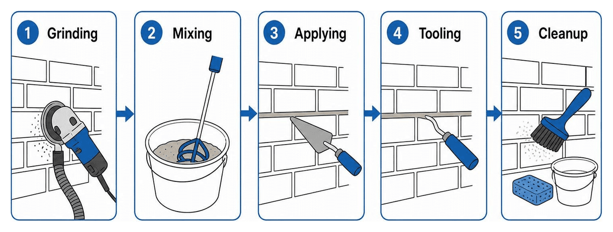 Step by step process of professional masonry tuckpointing: grinding, mixing, applying, tooling, cleanup