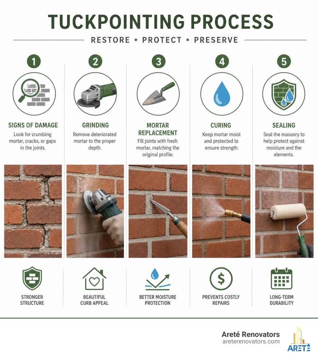 Tuckpointing process infographic: signs of damage, grinding, mortar replacement, curing, and sealing steps infographic