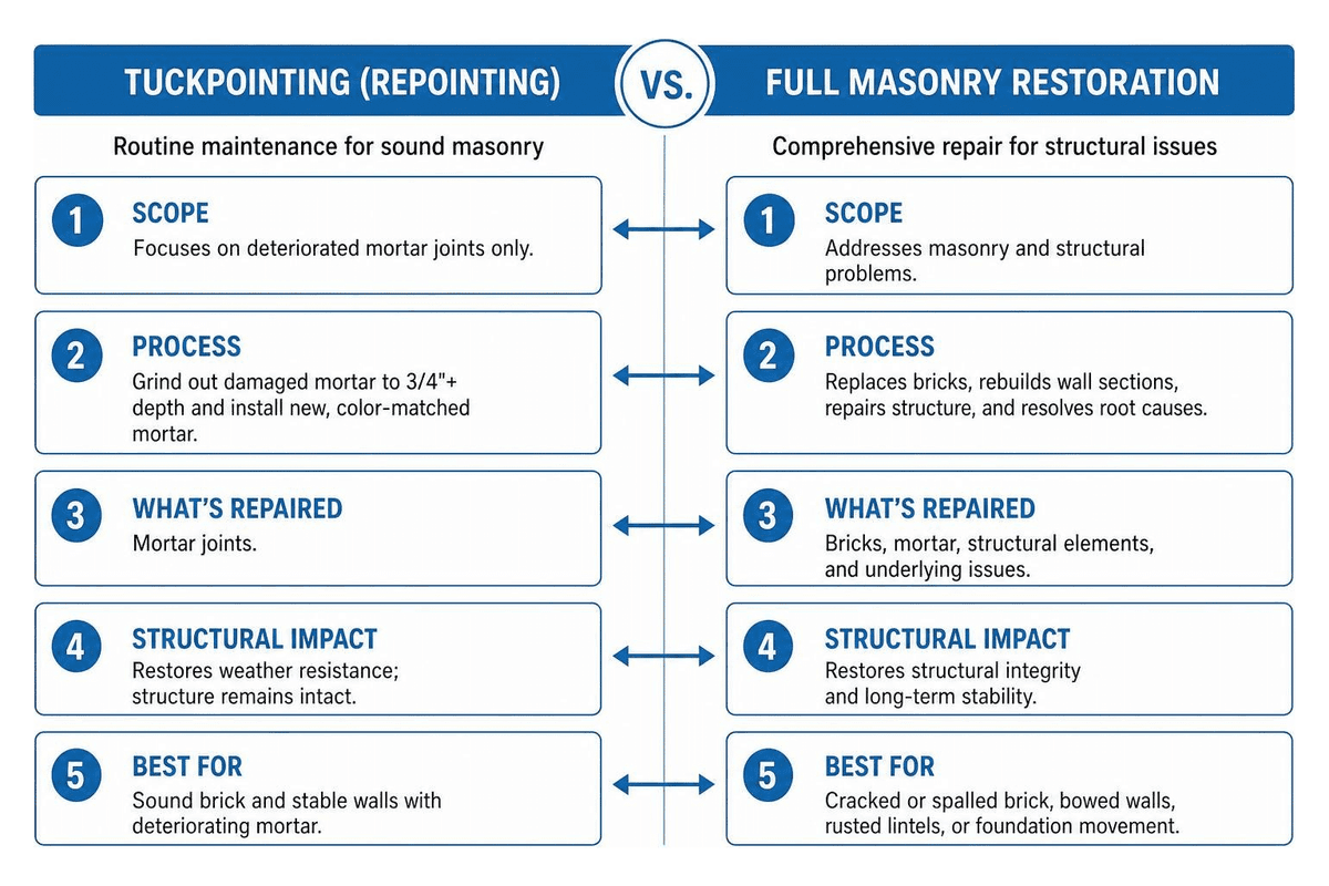 Diagram showing the difference between simple tuckpointing and full masonry restoration