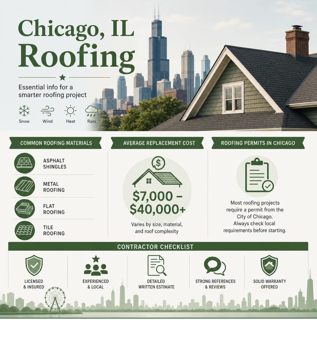 Chicago roofing materials, costs, permits, and contractor checklist infographic infographic
