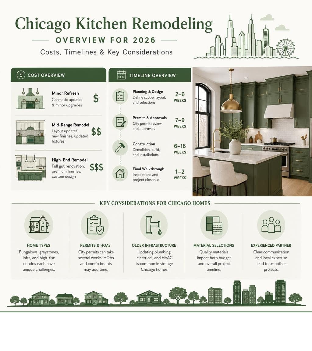 overview of Chicago kitchen remodeling costs, timelines, and key considerations for 2026 infographic