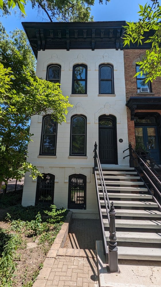 Chicago Greystone Rowhouse Exterior - White Paint with Black Tri - Arete' Chicago Greystone Rowhouse Exterior - White Paint with Black Tri