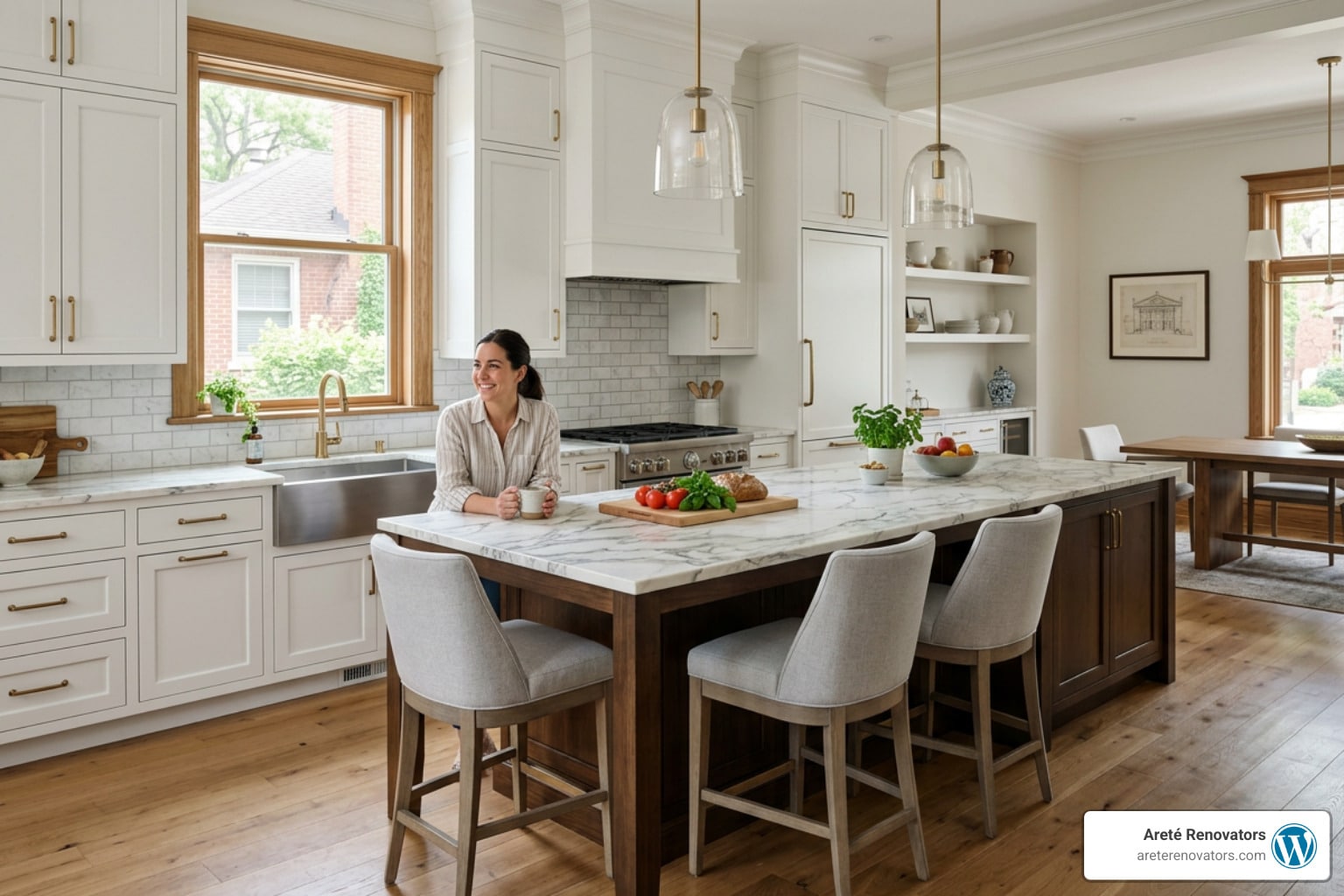 Woman leaning on a marble kitchen island, holding a mug, in a bright white-and-wood kitchen with a window view and open shelves in the background