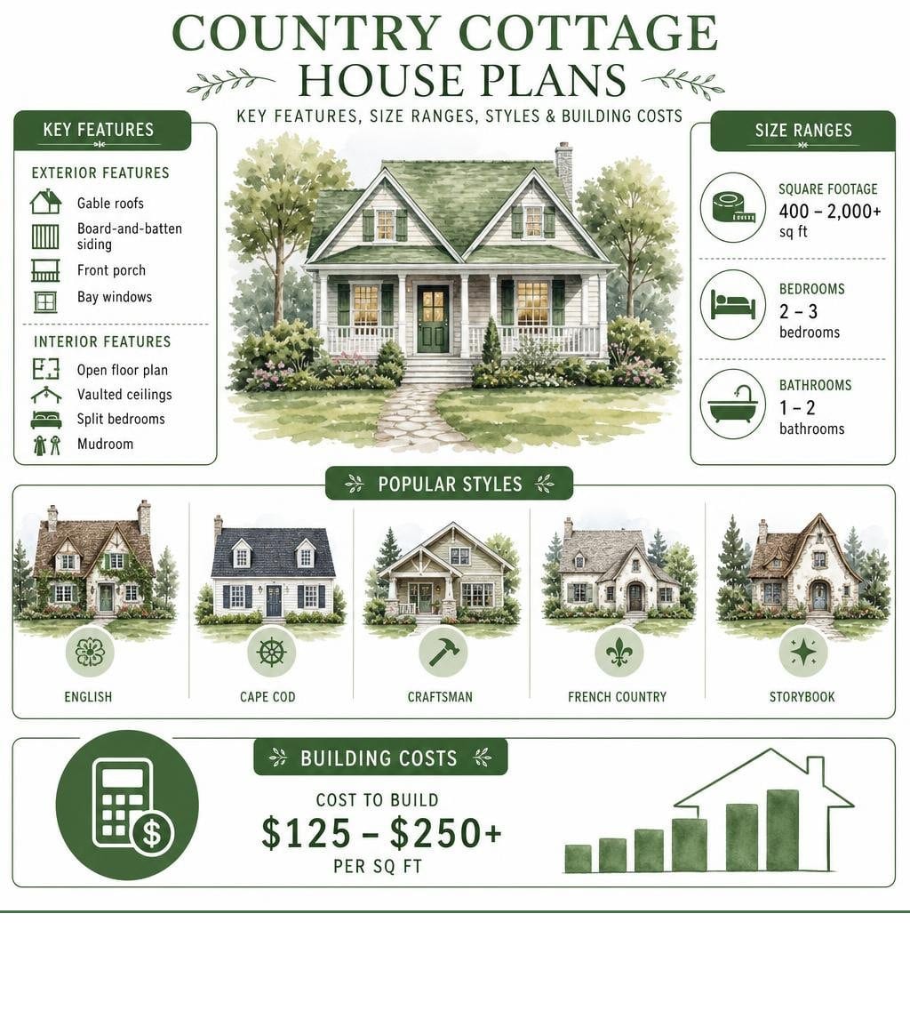Infographic showing key features, size ranges, styles, and building costs for country cottage house plans infographic