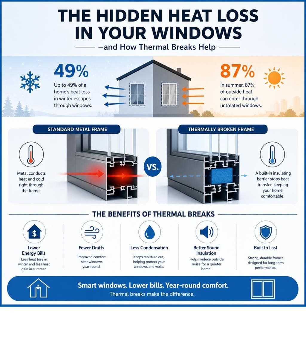 Key facts about heat loss through windows and how thermal breaks help infographic