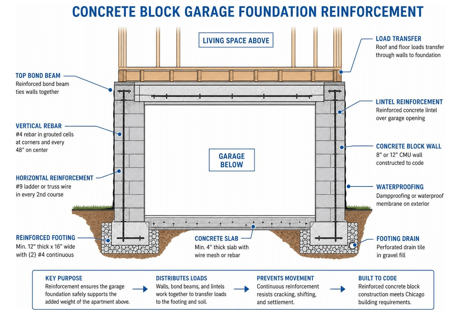 Concrete block garage foundation structural reinforcement diagram