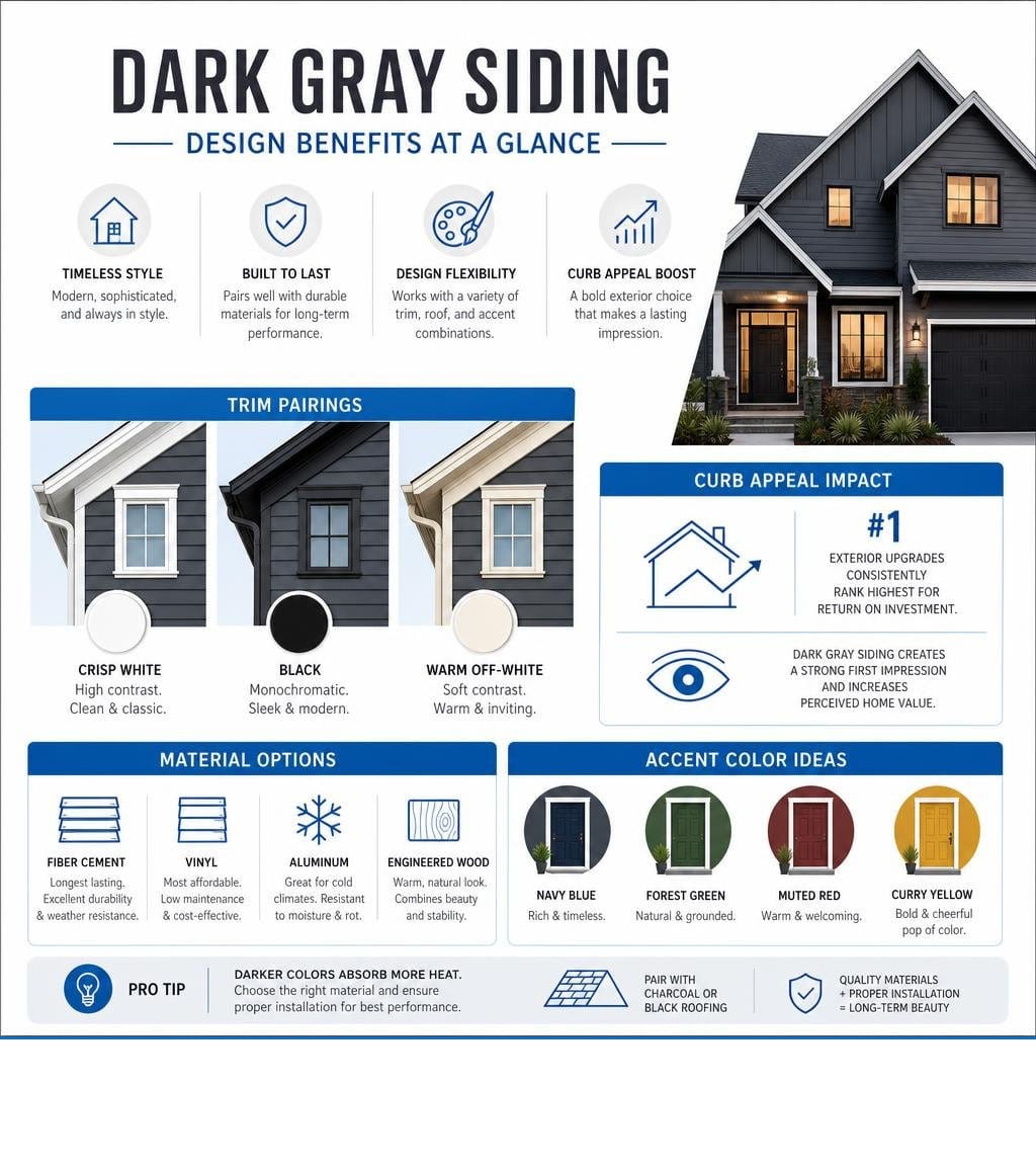 dark gray siding design benefits infographic showing trim pairings, material options, and curb appeal stats infographic